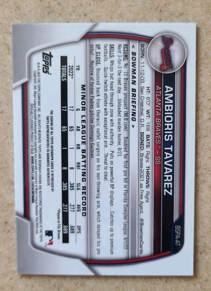 2023 Bowman Sapphire Ambioris Tavarez AQUA SAPPHIRE AUTO #/99 SP #BSPA-AT ATL - Image 2 of 2