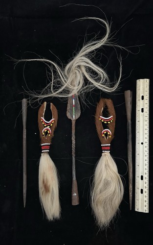 Lot Of 3 African Spear Heads & 2 Fly Wisks With Bead Work