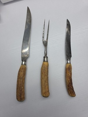 STAG ANTLER HORN ROBESON Royal Gobbler carving 3 piece set W/ Sterling Bolsters