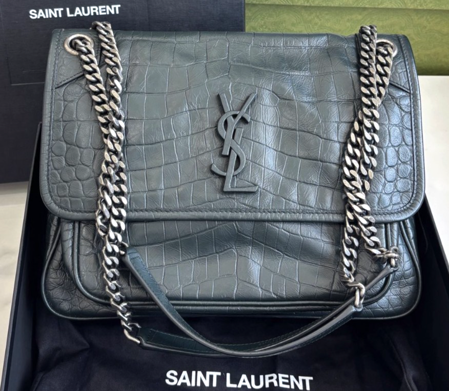 YSL Saint Laurent Niki MM Alligator-Pattern Chain Shoulder Bag in Dark Green for Women