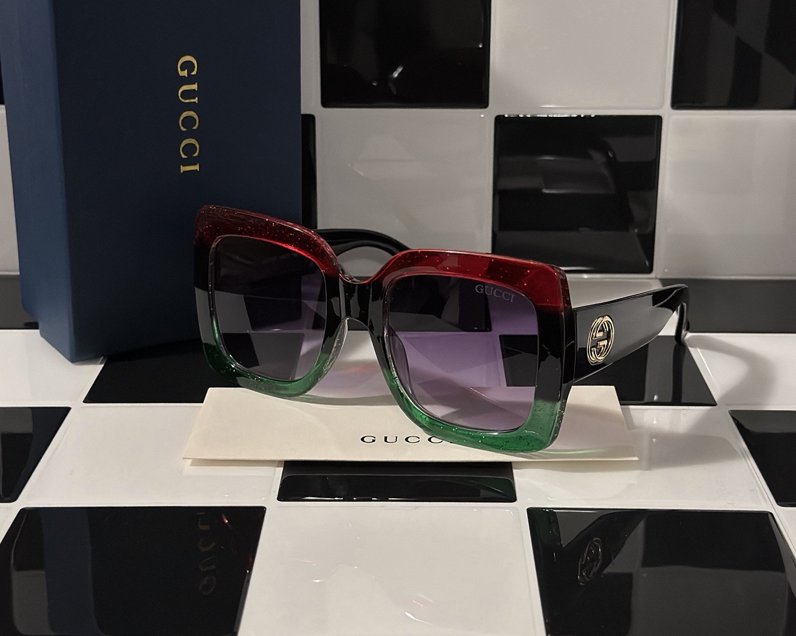 Gucci GG0083S 002 Oversized Square Sunglasses Black Stripe 54mm Ships Today