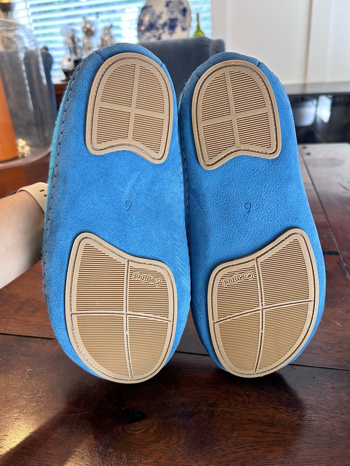 SAOLA Zoccoli ciabatte Cosyfeet lana 6 blu acqua verde suola gomma nuovi senza etichette Lagenlook LARGHI