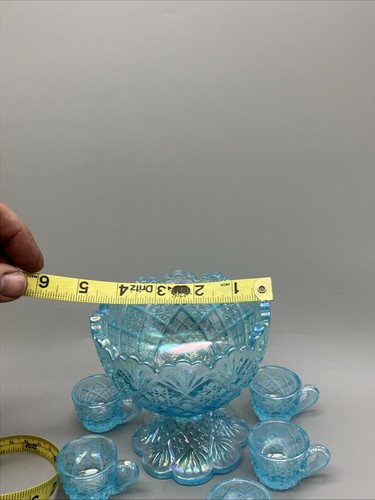 Vintage Westmoreland Iridescent Blue Mini Punch Bowl Set 6 Mugs - Picture 3 of 6