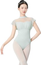 Women's Ballet Leotards with Mesh Splicing, Ruffle Sleeve Small, Light Green