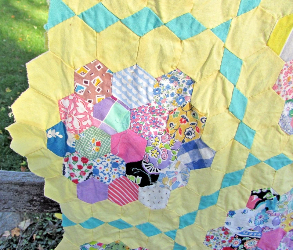 Antique Vtg Quilt Top Grandmothers Flower Garden Yellow 68" x 84" - Image 2 of 4