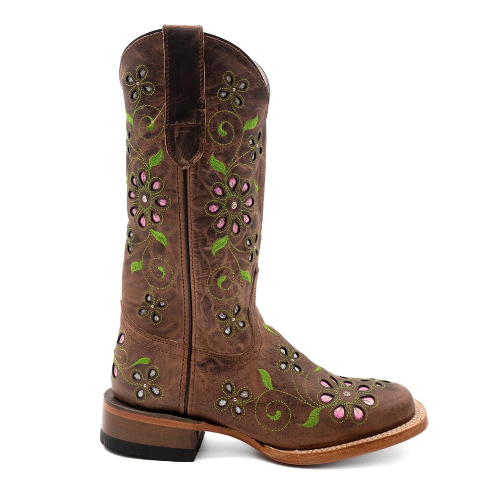 Ferrini Blossom Tooled Inlay Embroidered Square Toe Pull On Cowboy  Womens Size