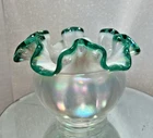 Fenton Iridescent White Carnival Glass Vase/Bowl w/Ruffled Teal Trim 4"x 5"