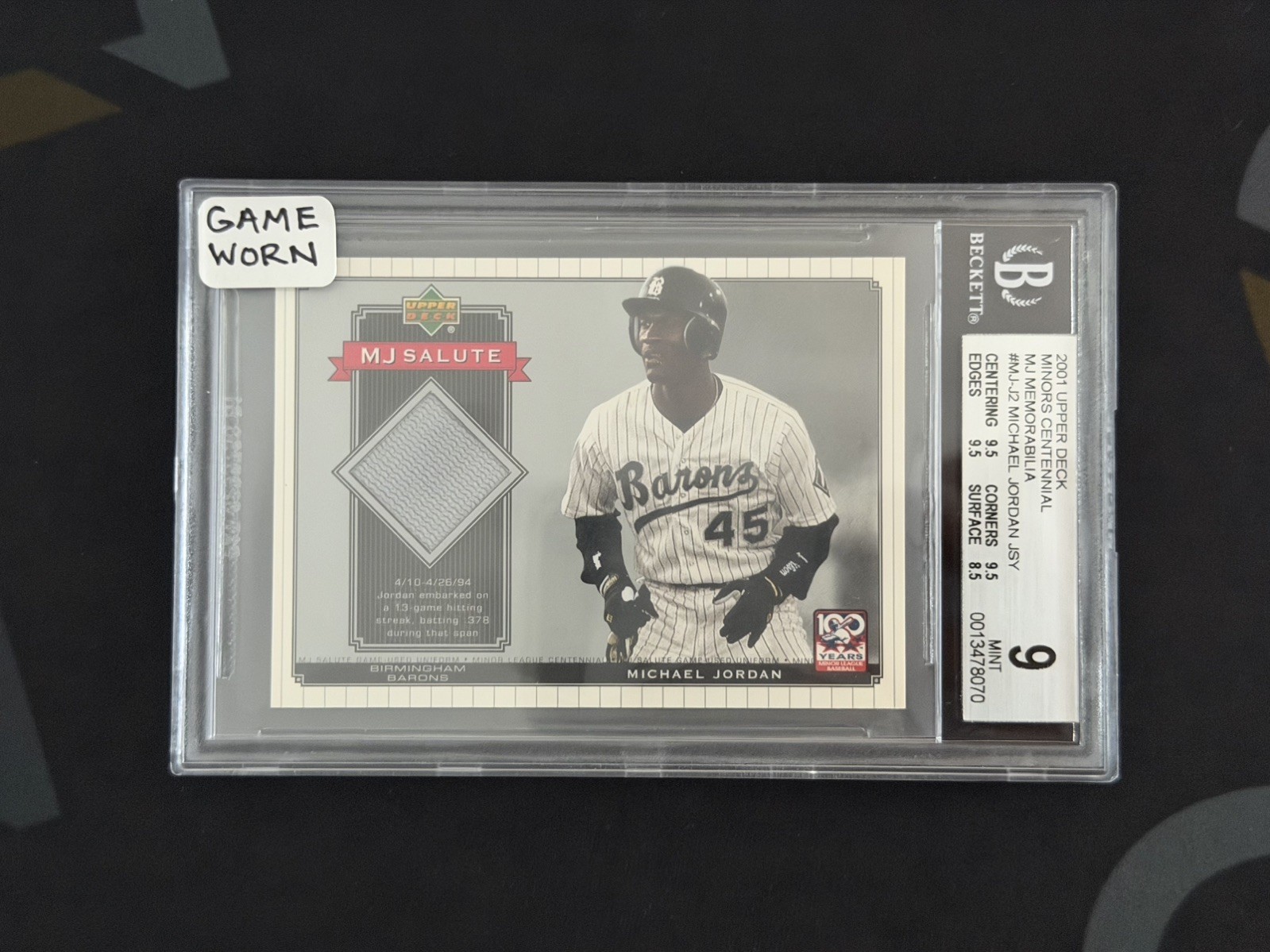 MICHAEL JORDAN 2001 UPPER DECK MINOR SALUTE GAME USED JERSEY CARD - RARE - BGS 9