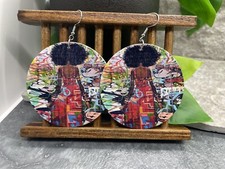 2  Silver-tone Earring Set Boho Retro Round Wood Dangle Juneteenth African A1813