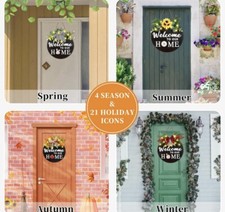 Interchangeable Seasonal Welcome Sign Front Door Decoration, Rustic round Wood W