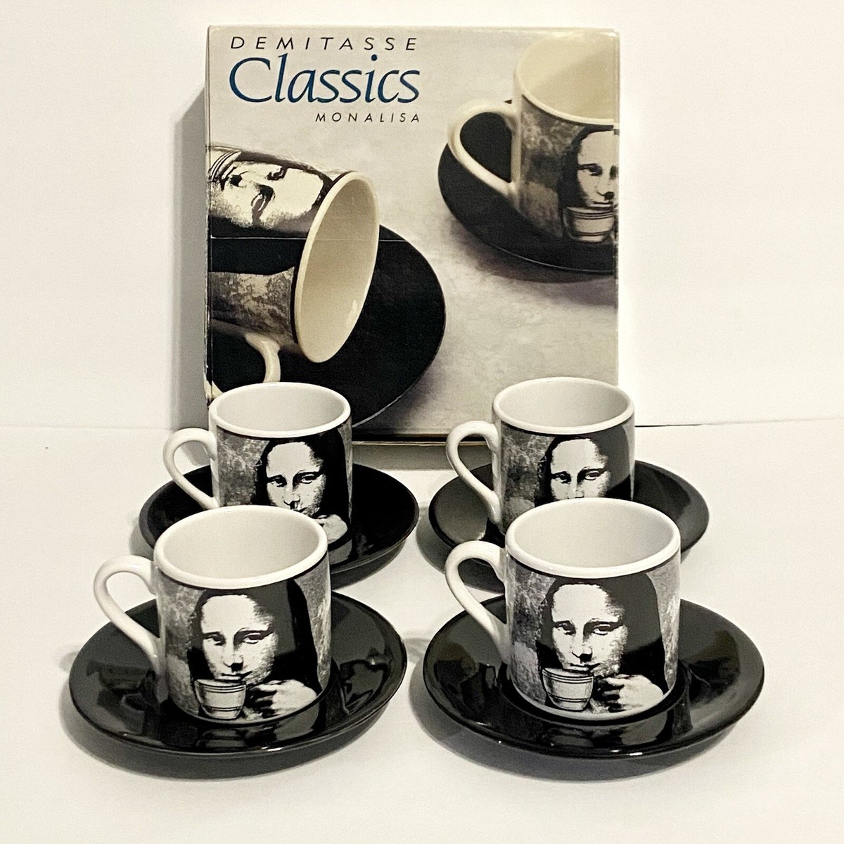 Set Demitasse Classics Mona Lisa Themed 4 Espresso Cups & Saucers