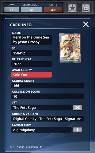 Topps Star Wars Card Trader Boba Fett Art Digital Card - Epic 166c - Signature - Picture 3 of 3