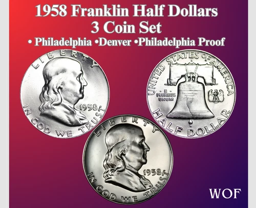 1958 P D FRANKLIN HALFR SILVER 3 COIN SET NEW MINT BU PLUS PROOF