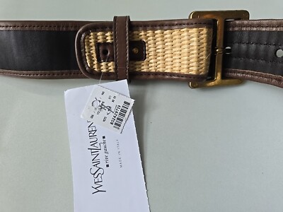 YSL Brown Leather Raffia Belt Double Buckle 90 - 36