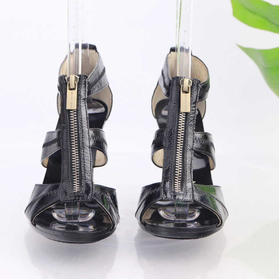 Sandalia Berkley Michael Kors para mujer talla 8,5 tacones cremallera dorada correa en T charol negro Foto 3 de 4