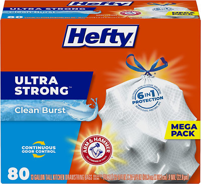 Hefty Ultra Strong Tall Kitchen Trash Bags, Clean Burst Scent, 13 Gallon, 80 Cou
