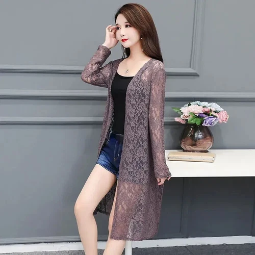 Women Lace Kimono Cardigan Sheer Floral Midi Shawl Jacket Open Front Robe - Picture 4 of 21