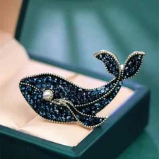 Elegant Blue Whale Brooch Beautiful Crystal Enamel Dolphin Animal Suit Pin