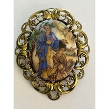 Vintage Brooch Depicting Asian Couple In Homeland Signed Western Germany