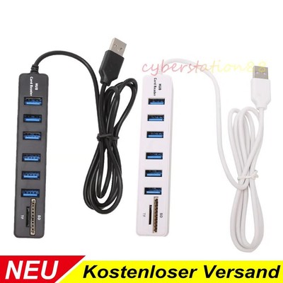 6-Port USB Hub Aktiv Adapter Verteiler USB mit Mico SD Kartenleser für PC Laptop