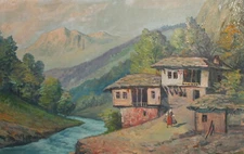 ANTIQUE IMPRESSIONIST OIL PAINTING LANDSCAPE MOUNTAIN RIVER VILLAGE SIGNED