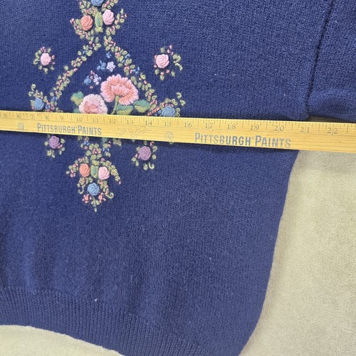 Deans Of Scotland 100% Wool Womens Blue Sweater W/ Floral Needlepoint Size Xl - Picture 14 of 23
