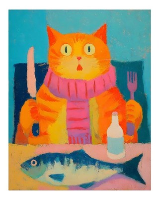 Colorful Cat Dinner Abstract Wall Art Poster Premium Quality