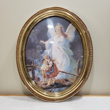Guardian Angel Children Perilous Bridge Print Oval Gold Frame Religious Wall Art