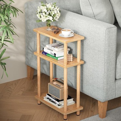 Small Narrow Side Table 3-Tier Skinny End Slim Nightstand Natural Wood