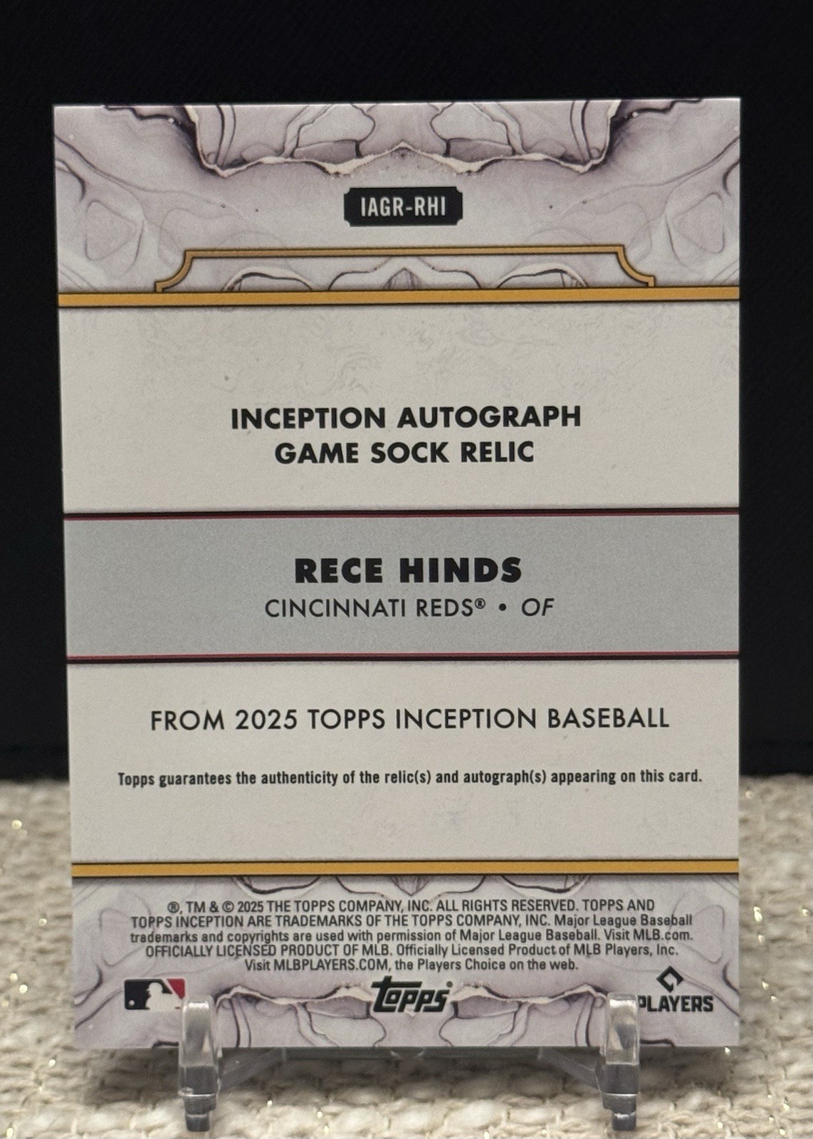 2025 Topps Inception Baseball Rece Hinds Reds RC Auto Sock Relic /25 #IAGR-RHI view 3
