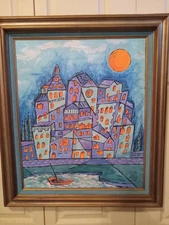 Lg Vntg Oil On Canvas Abstract Cubist Cityscape  Seaport Painting signed AVZ '68