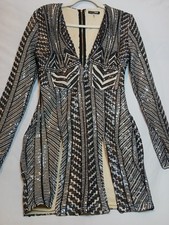 Fashion Nova Sequin Mini Dress Womens Size L Black Nude Lined V Neck Long Sleeve