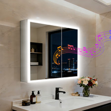 Large LED Medicine Cabinet with Bluetooth Bathroom 2 Mirrored Doors 31.5x28 inch