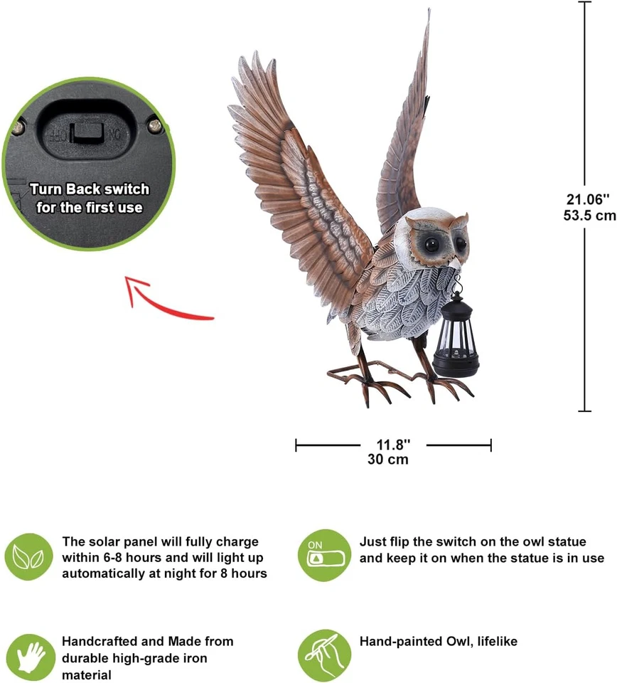 Статуя садовой совы для дворового искусства: металлические уличные скульптуры с солнечным фонарем для  - Изображение 3 из 4