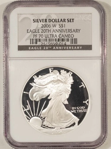 2006-W $1 PROOF AMERICAN SILVER EAGLE SET 1 OZ .999, 20TH ANN - NGC PF-70 UCAM!
