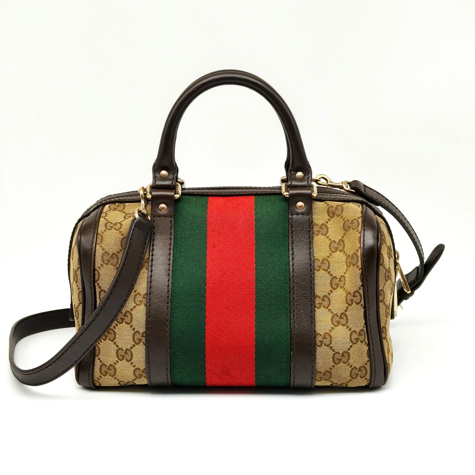 Gucci GG Monogram Web Stripe Boston Bag Crossbody Beige Brown Good Condition