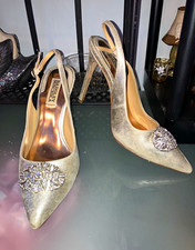 Badgley Mischka Metallic Gold Slingback Heels Pointed Toe Rhinestone Buckle 7.5