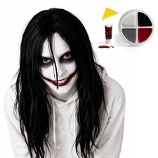 Adult Halloween Psycho Jeff Killer Costume Long Black Wig Face Paint Blood