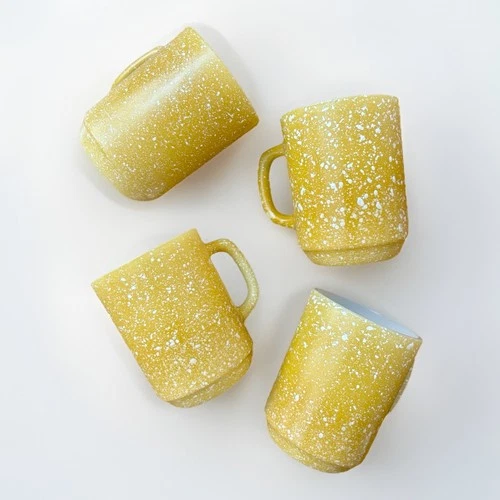 Vintage Anchor Hocking USA Oven-Proof 301 Yellow Speckled Mugs 4-Piece Set