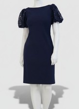 Eliza J Women's Blue Sequined Puff-Sleeve Boat-Neck Dress Size: 12