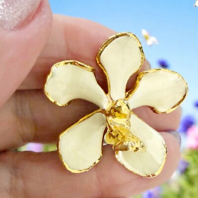 Vtg 22K Gold Filled Cream Color Enamel ORCHID Shaped Pin Brooch or Pendant 1.5 