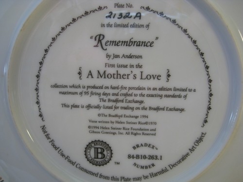 Collectible PLATE Remembrance A Mother's Love The Bradford Exchange certified EC - Picture 4 of 5