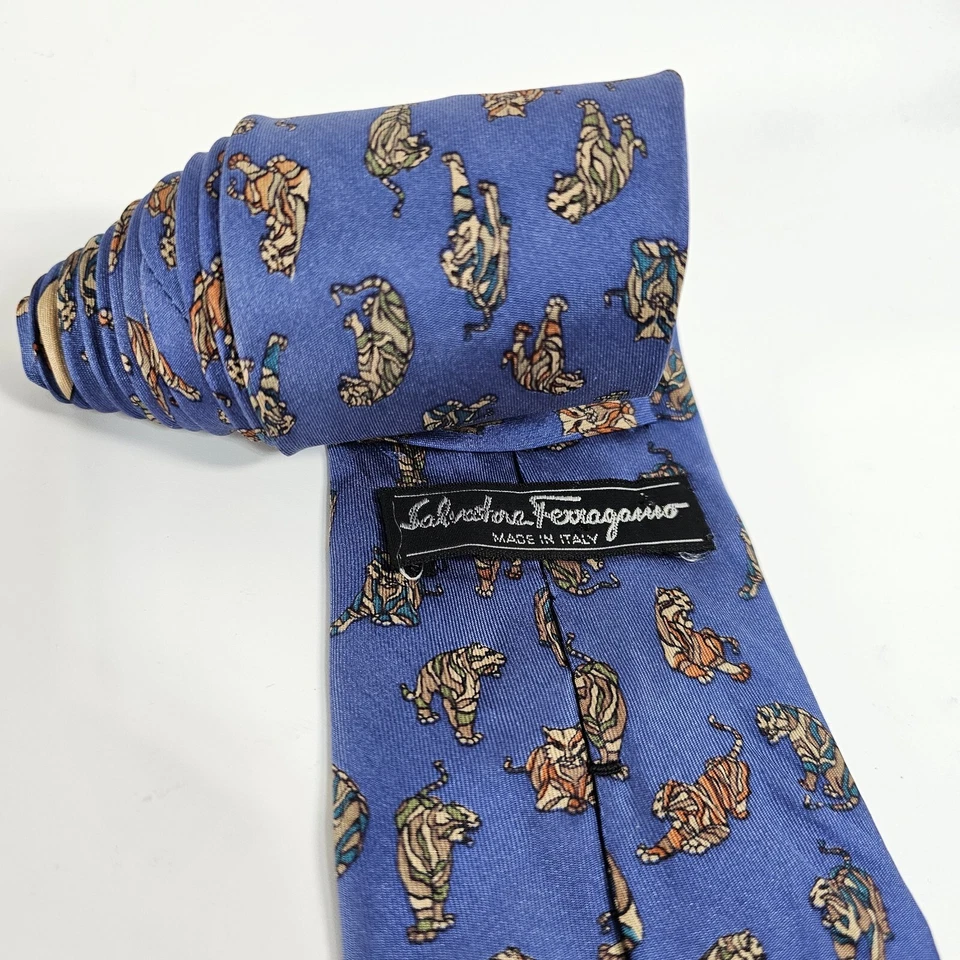 Corbata Salvatore Ferragamo Tigre de Bengala Azul Verde Naranja Raya Blanca Vida Silvestre Foto 4 de 4