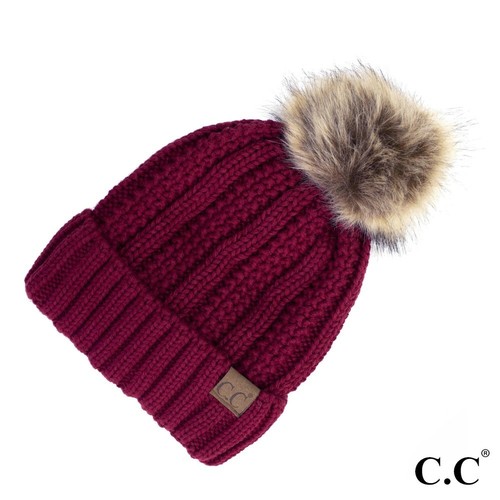 Fuzzy Lined Beanie With Faux Fur Pom 
