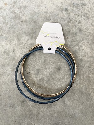 Blue Beaded Gold Tone Stacking Bangle Bracelets
