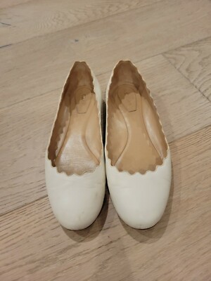 Chloe Womens Cream Leather Scalloped Edge Ballet Flats Size 36