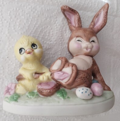Vintage Easter Bunny Rabbit Chick Eggs Playing in Garden Figurines So Cute