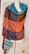 Boho Multicolor Color Block Acrylic Fringed Scarf Wrap Shawl 74" x 28"