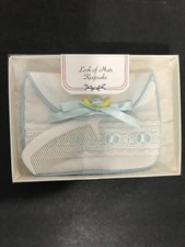 Vintage Lock Of Hair Keepsake With Comb In The Box Blue Ribbon/Lace