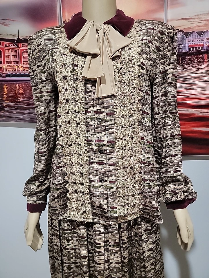 Blusa y falda vintage de 2 piezas OSCAR DE LA RENTA, MISS D 12 ribete de encaje y terciopelo #11 Foto 3 de 4